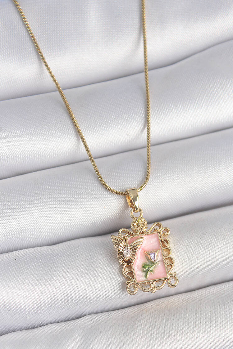 316l Steel Gold Color Chain Pink Enameled Flower Embroidered Zircon Stone Butterfly Detail Portrait Model Women Necklace - Brand: Ebijuteri - Women's Clothing Wholesale - Globality Store