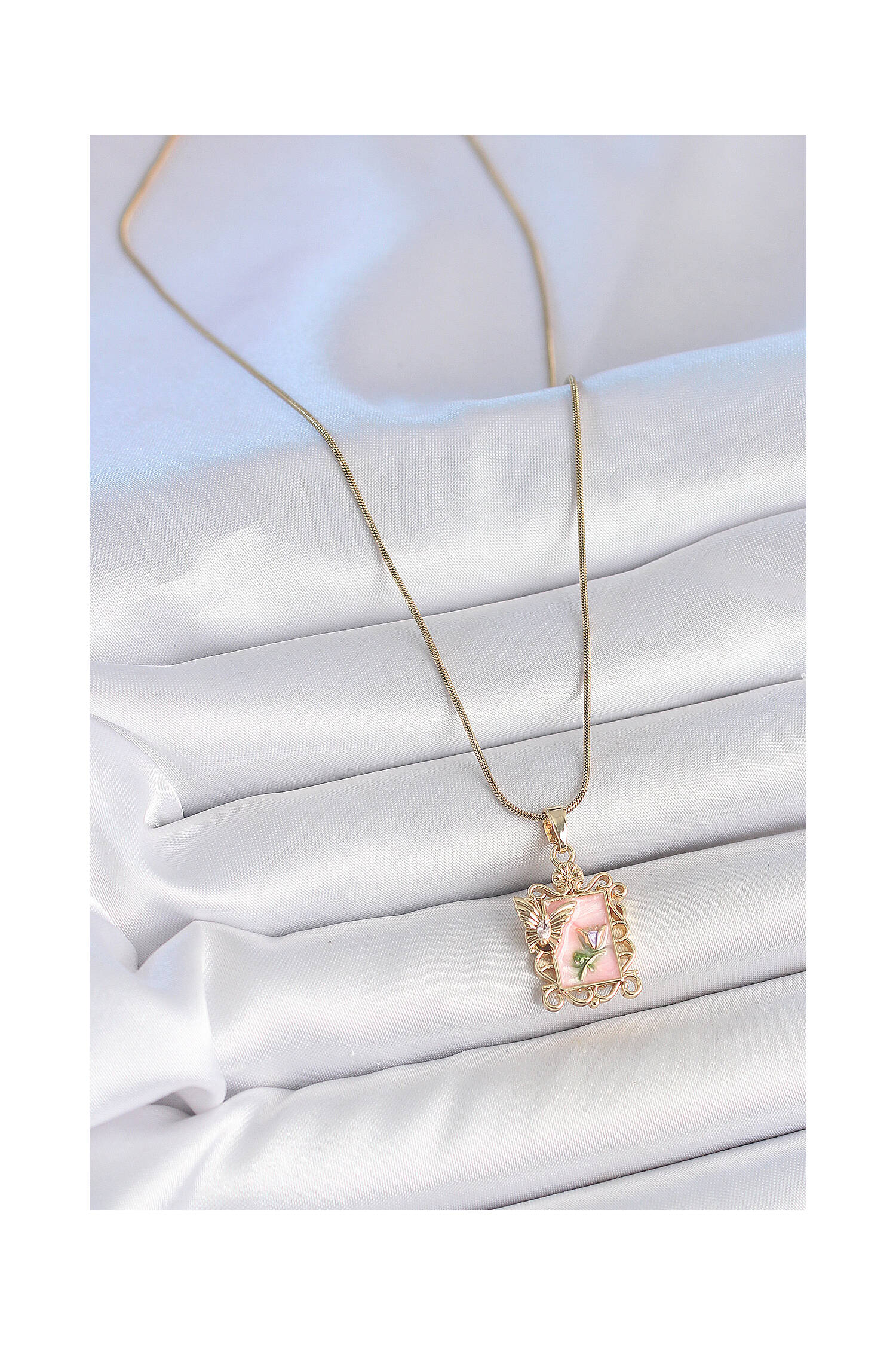 316l Steel Gold Color Chain Pink Enameled Flower Embroidered Zircon Stone Butterfly Detail Portrait Model Women Necklace - Brand: Ebijuteri - Women's Clothing Wholesale - Globality Store