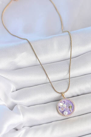 316l Steel Gold Color Chain Zircon Stone Purple Enamel Flower Embroidered Pearl Detail Portrait Model Women Necklace - Brand: Ebijuteri - Women's Clothing Wholesale - Globality Store