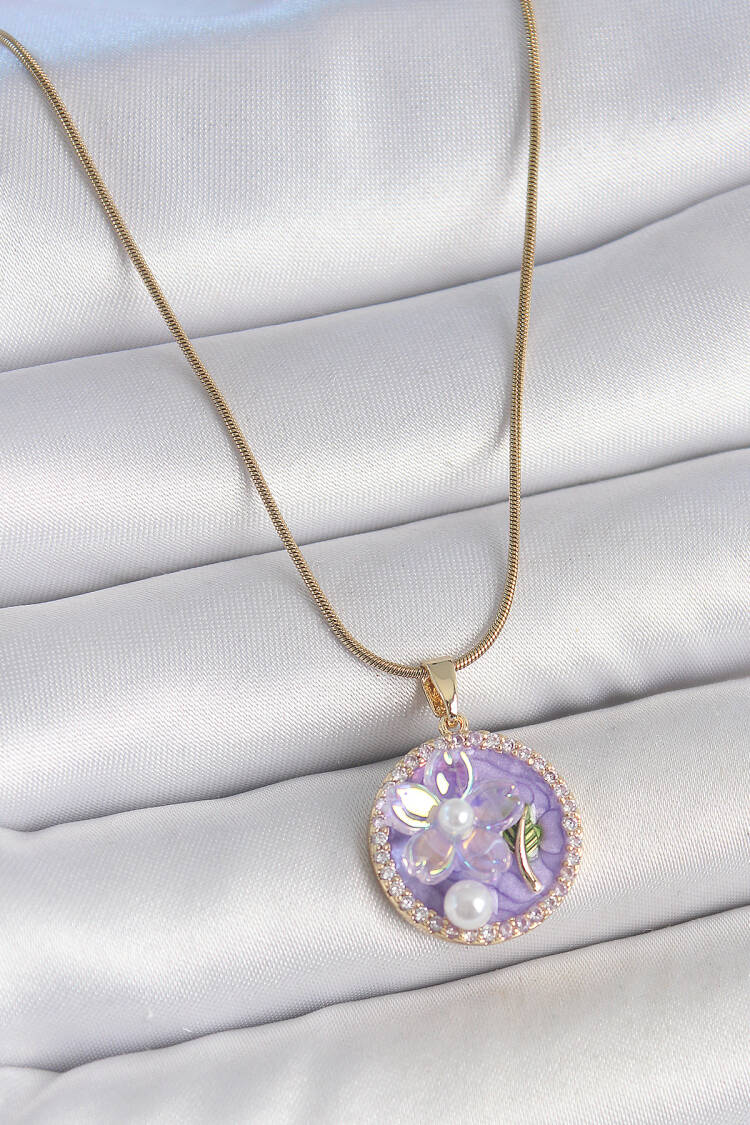 316l Steel Gold Color Chain Zircon Stone Purple Enamel Flower Embroidered Pearl Detail Portrait Model Women Necklace - Brand: Ebijuteri - Women's Clothing Wholesale - Globality Store