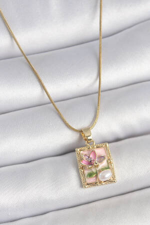 316l Steel Gold Color Pink Enameled Flower Embroidered Pearl Detail Portrait Model Women Necklace - Brand: Ebijuteri - Women's Clothing Wholesale - Globality Store