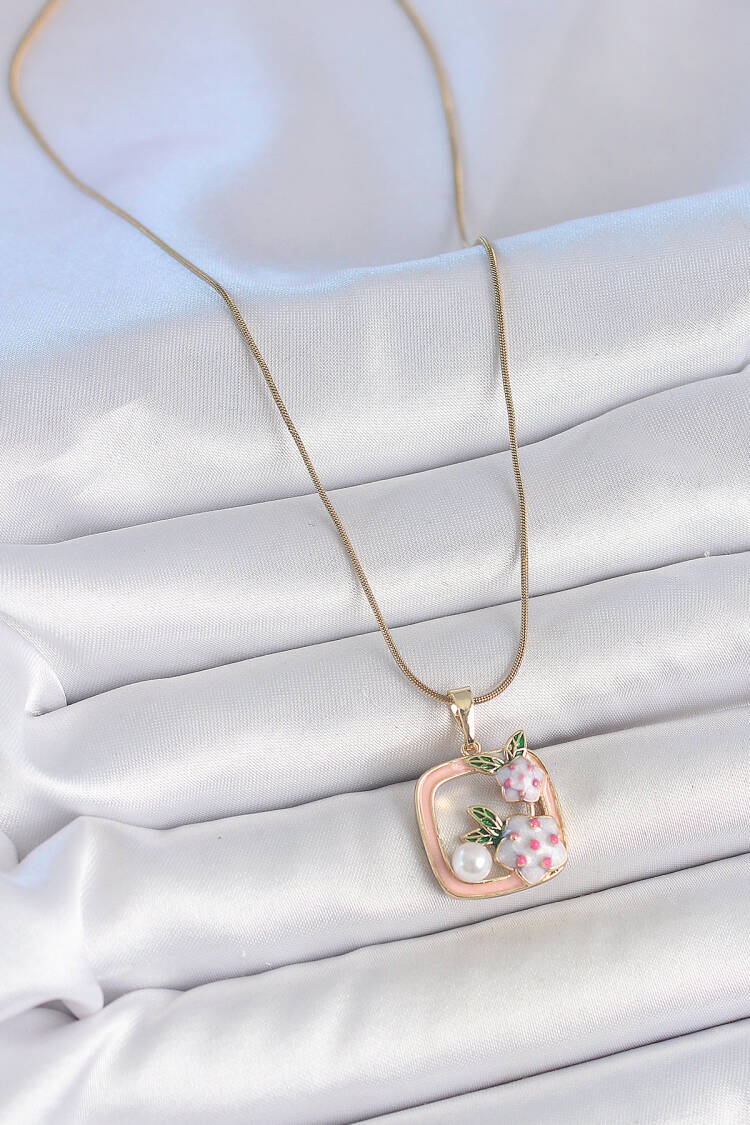 316l Steel Gold Color Chain Pink Enameled Square Pattern Flower Embroidered Pearl Detail Women Necklace