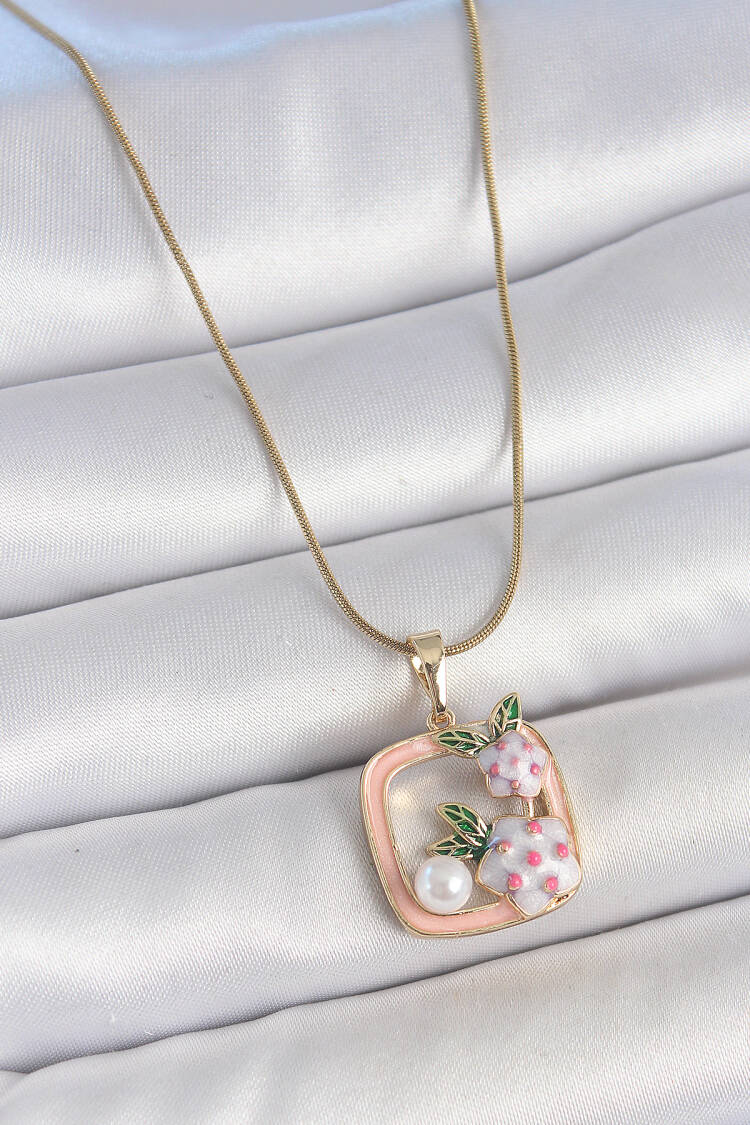 316l Steel Gold Color Chain Pink Enameled Square Pattern Flower Embroidered Pearl Detail Women Necklace - Brand: Ebijuteri - Women's Clothing Wholesale - Globality Store