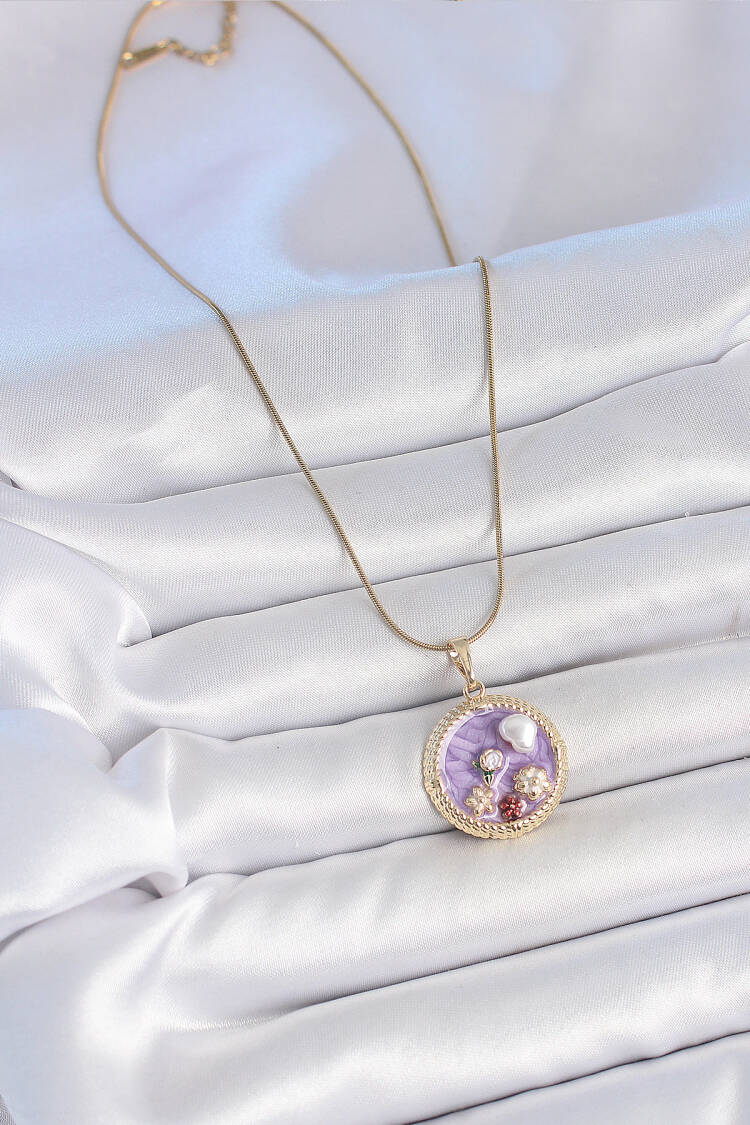 316l Steel Gold Color Chain Purple Enameled Pearl Flower Embroidered Locket Model Women Necklace