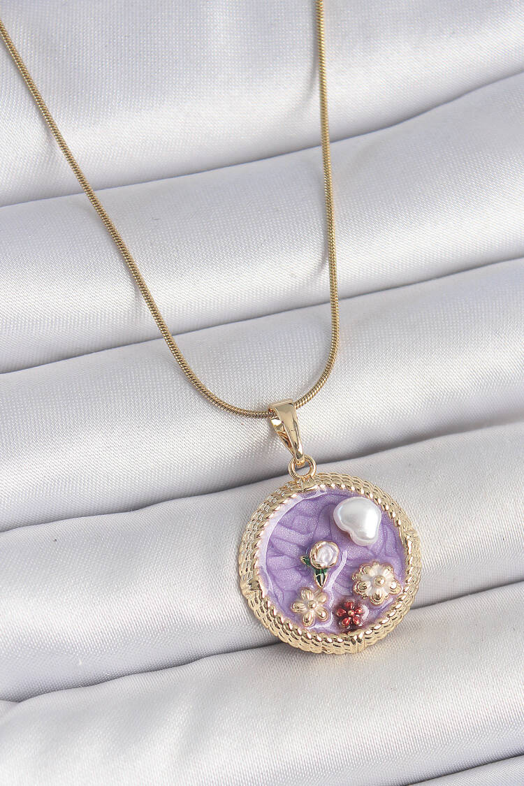 316l Steel Gold Color Chain Purple Enameled Pearl Flower Embroidered Locket Model Women Necklace - Brand: Ebijuteri - Women's Clothing Wholesale - Globality Store