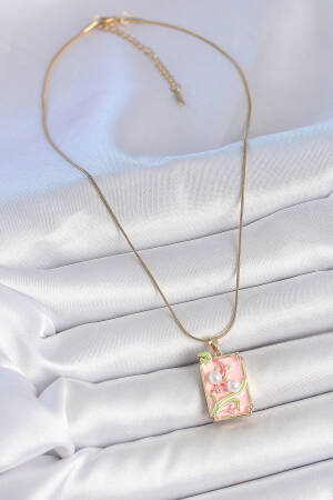 316l Steel Gold Color Chain Pink Enameled Pearl Flower Embroidered Portrait Model Women Necklace - Brand: Ebijuteri - Women's Clothing Wholesale - Globality Store