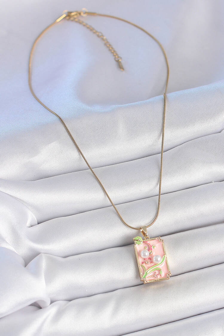 316l Steel Gold Color Chain Pink Enameled Pearl Flower Embroidered Portrait Model Women Necklace