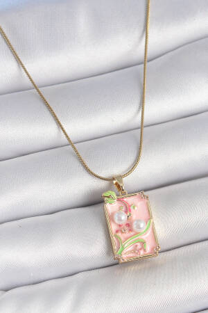 316l Steel Gold Color Chain Pink Enameled Pearl Flower Embroidered Portrait Model Women Necklace - Brand: Ebijuteri - Women's Clothing Wholesale - Globality Store