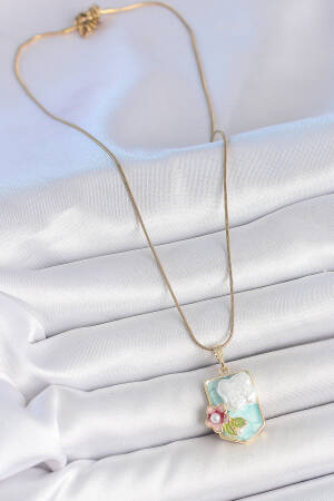 316l Steel Gold Color Chain Blue Enameled Pearl Flower Embroidered Portrait Model Women Necklace - Brand: Ebijuteri - Women's Clothing Wholesale - Globality Store