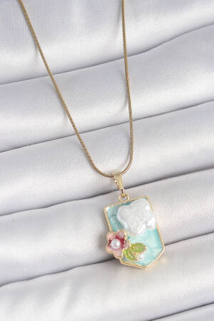 316l Steel Gold Color Chain Blue Enameled Pearl Flower Embroidered Portrait Model Women Necklace - Brand: Ebijuteri - Women's Clothing Wholesale - Globality Store