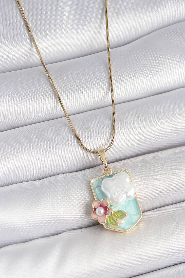 316l Steel Gold Color Chain Blue Enameled Pearl Flower Embroidered Portrait Model Women Necklace - Brand: Ebijuteri - Women's Clothing Wholesale - Globality Store
