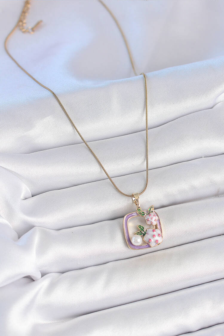 316l Steel Gold Color Chain Purple Enameled Square Pattern Flower Embroidered Pearl Detail Women Necklace