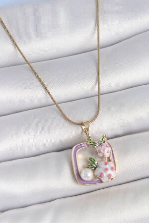 316l Steel Gold Color Chain Purple Enameled Square Pattern Flower Embroidered Pearl Detail Women Necklace - Brand: Ebijuteri - Women's Clothing Wholesale - Globality Store