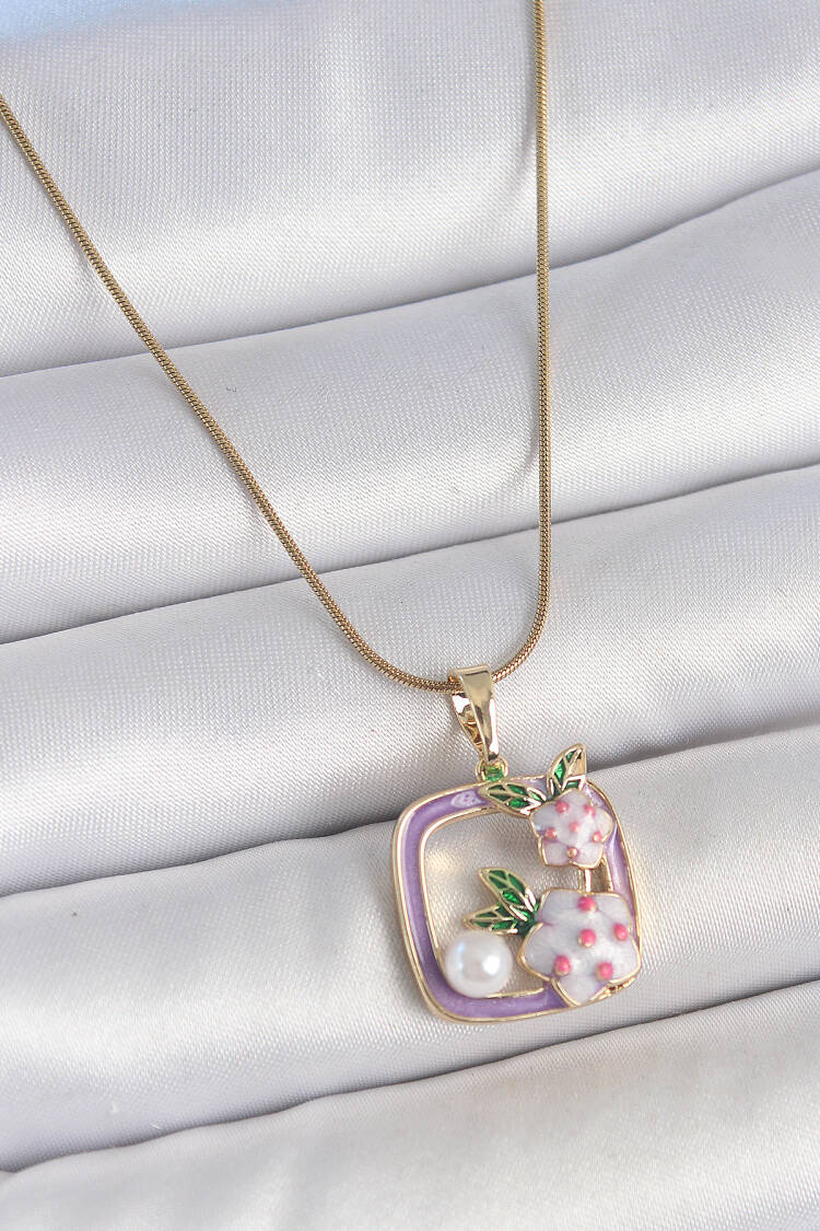 316l Steel Gold Color Chain Purple Enameled Square Pattern Flower Embroidered Pearl Detail Women Necklace - Brand: Ebijuteri - Women's Clothing Wholesale - Globality Store