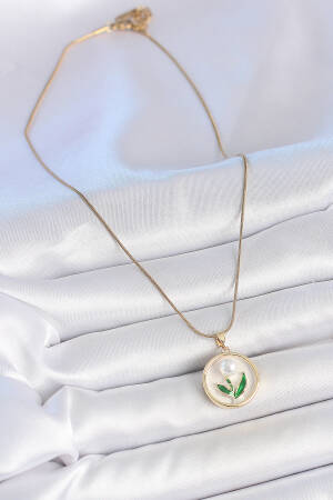 316l Steel Gold Color Chain White Enameled Pearl Flower Embroidered Portrait Model Women Necklace - Brand: Ebijuteri - Women's Clothing Wholesale - Globality Store