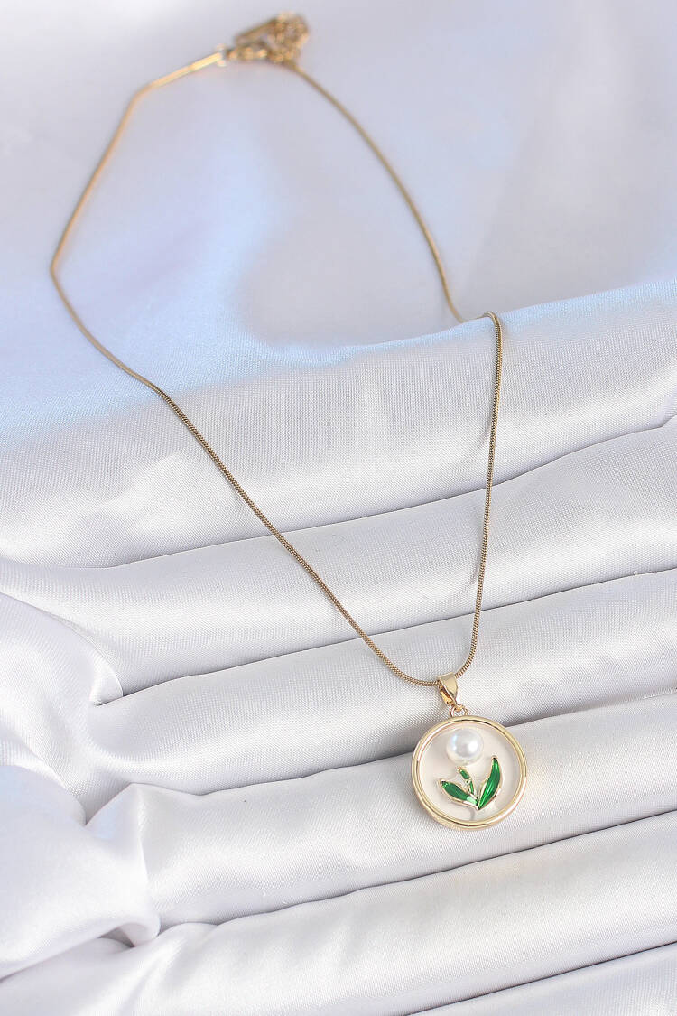 316l Steel Gold Color Chain White Enameled Pearl Flower Embroidered Portrait Model Women Necklace
