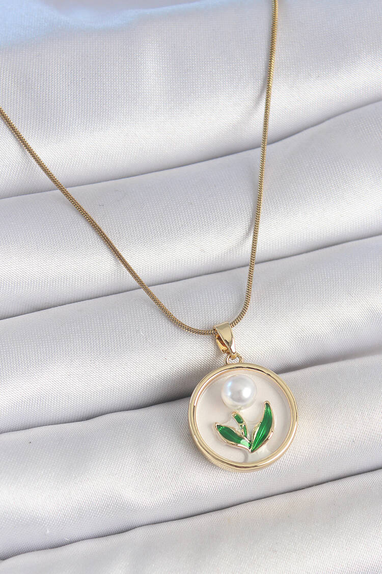 316l Steel Gold Color Chain White Enameled Pearl Flower Embroidered Portrait Model Women Necklace - Brand: Ebijuteri - Women's Clothing Wholesale - Globality Store
