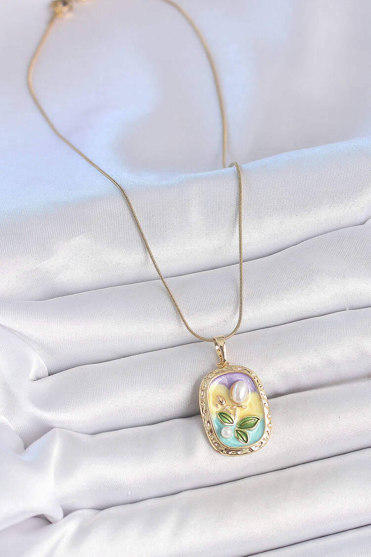 316l Steel Gold Color Chain Pearl Flower Embroidered Portrait Model Women Necklace