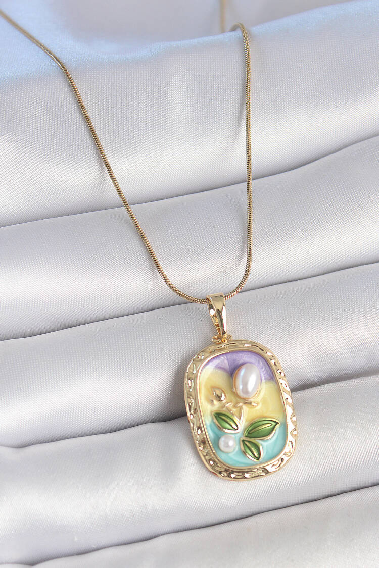 316l Steel Gold Color Chain Pearl Flower Embroidered Portrait Model Women Necklace - Brand: Ebijuteri - Women's Clothing Wholesale - Globality Store
