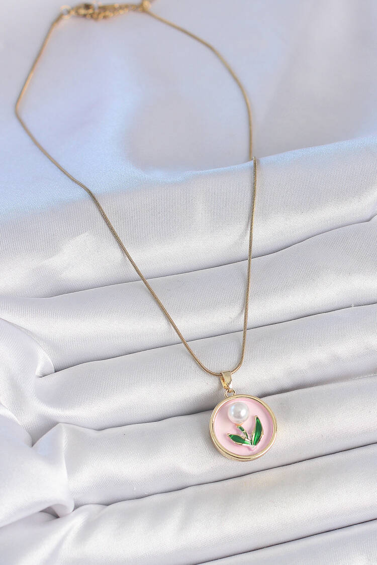 316l Steel Gold Color Chain Pink Enameled Pearl Flower Embroidered Portrait Model Women Necklace