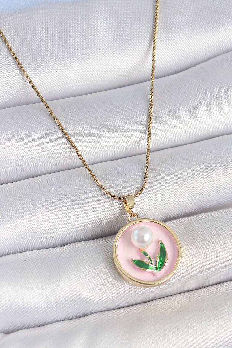 316l Steel Gold Color Chain Pink Enameled Pearl Flower Embroidered Portrait Model Women Necklace - Brand: Ebijuteri - Women's Clothing Wholesale - Globality Store