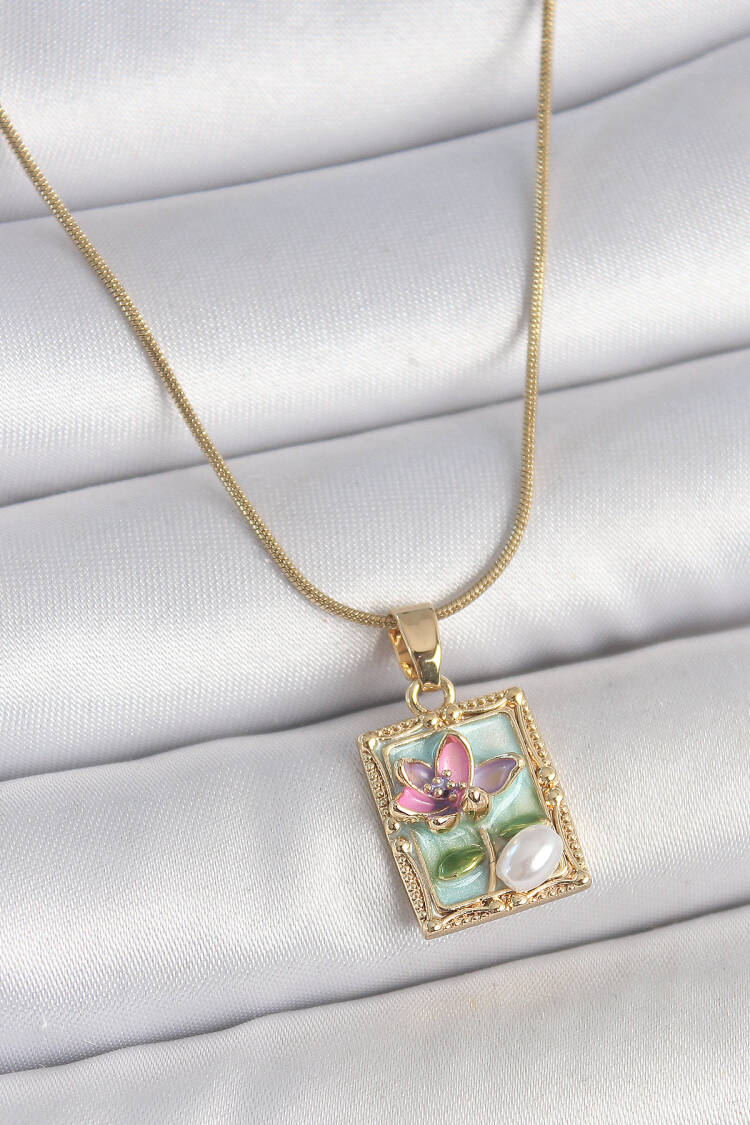 316l Steel Gold Color Chain Blue Enameled Flower Embroidered Pearl Detail Portrait Model Women Necklace - Brand: Ebijuteri - Women's Clothing Wholesale - Globality Store