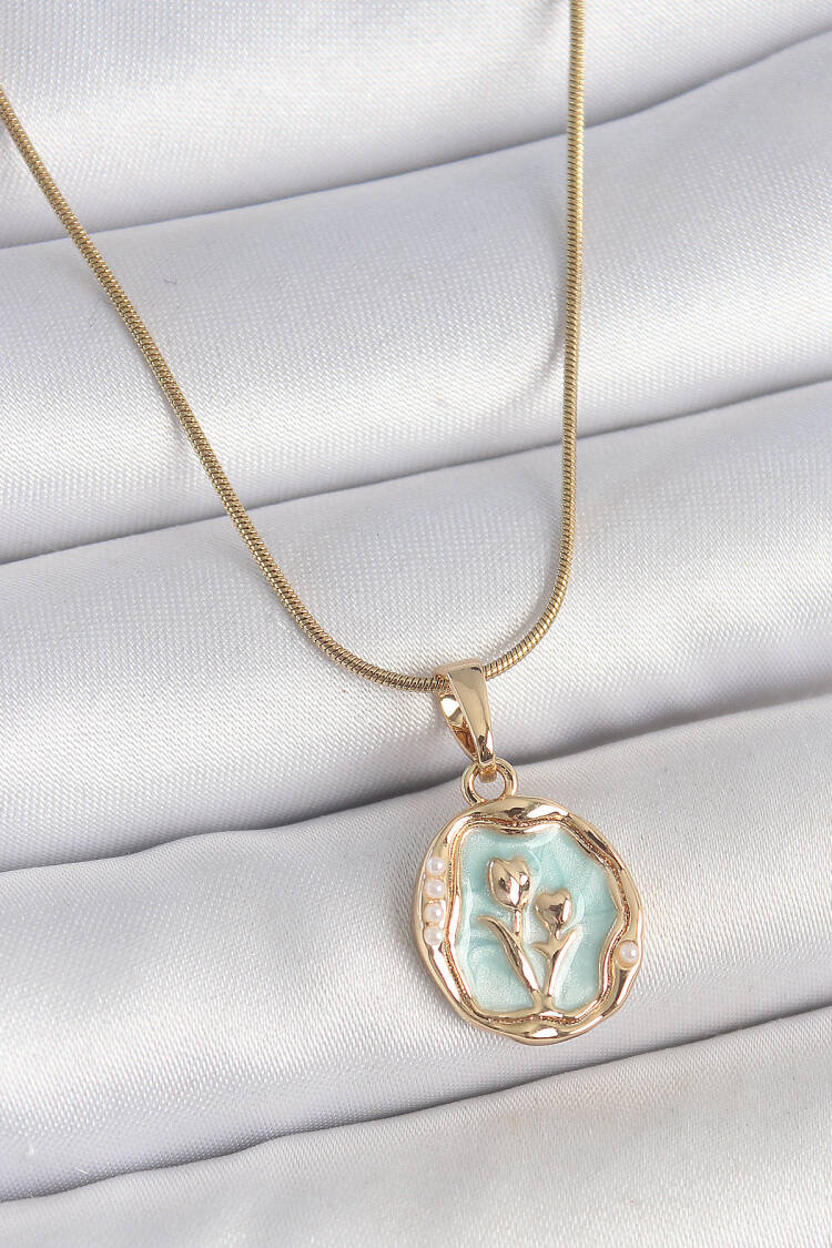 316l Steel Gold Color Chain Turquoise Enamel Flower Embroidered Portrait Model Women Necklace - Brand: Ebijuteri - Women's Clothing Wholesale - Globality Store