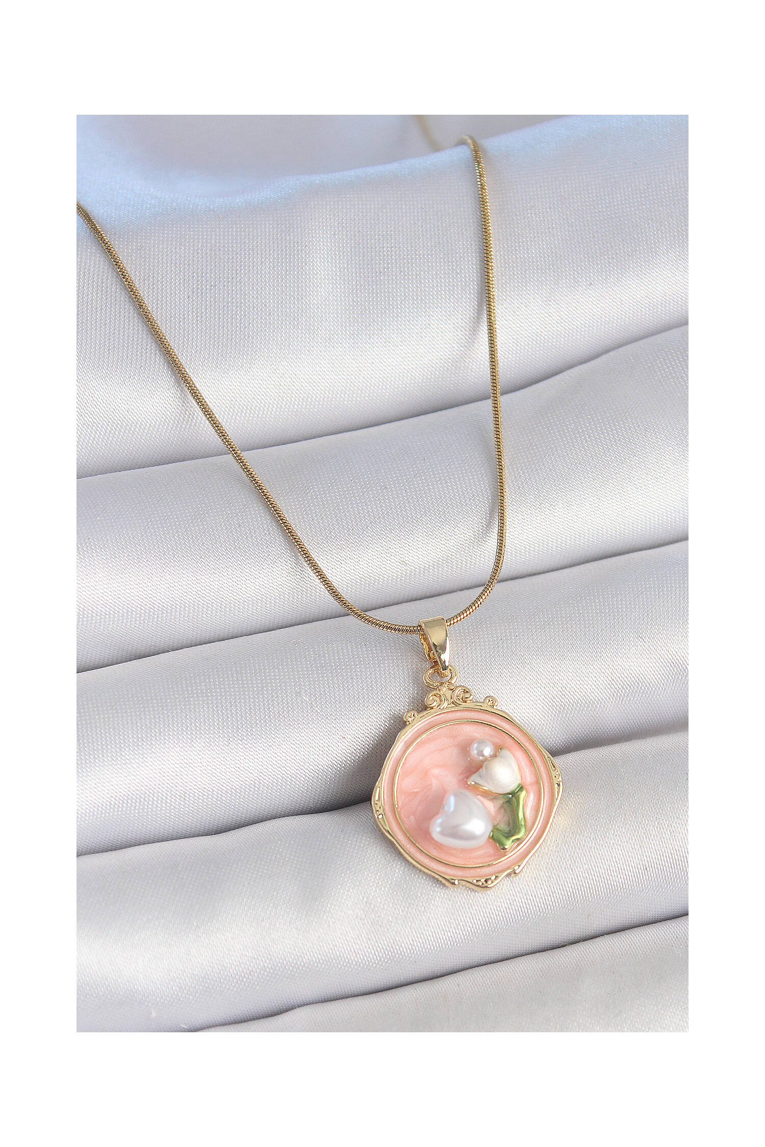 316l Steel Gold Color Chain Pink Enameled Pearl Flower Embroidered Portrait Model Women Necklace - Brand: Ebijuteri - Women's Clothing Wholesale - Globality Store