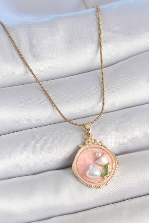 316l Steel Gold Color Chain Pink Enameled Pearl Flower Embroidered Portrait Model Women Necklace - Brand: Ebijuteri - Women's Clothing Wholesale - Globality Store