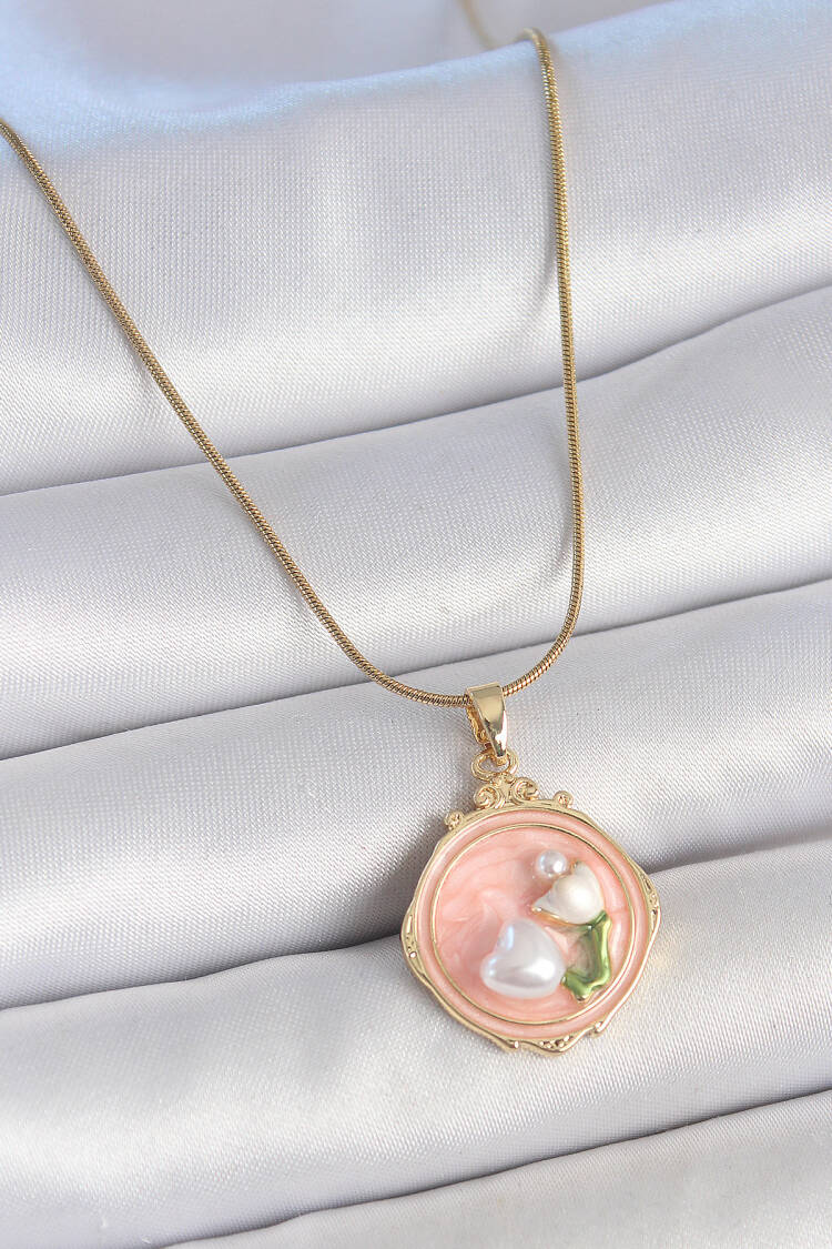 316l Steel Gold Color Chain Pink Enameled Pearl Flower Embroidered Portrait Model Women Necklace - Brand: Ebijuteri - Women's Clothing Wholesale - Globality Store