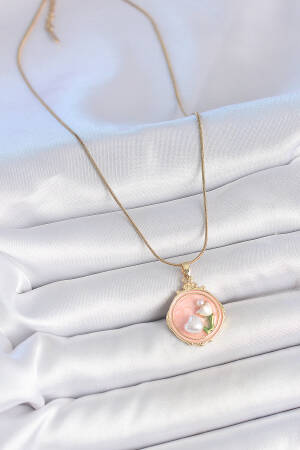316l Steel Gold Color Chain Pink Enameled Pearl Flower Embroidered Portrait Model Women Necklace - Brand: Ebijuteri - Women's Clothing Wholesale - Globality Store