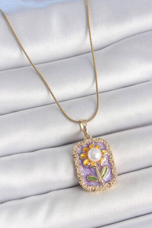 316l Steel Gold Color Chain Purple Enameled Pearl Chamomile Embroidered Portrait Model Women Necklace - Brand: Ebijuteri - Women's Clothing Wholesale - Globality Store