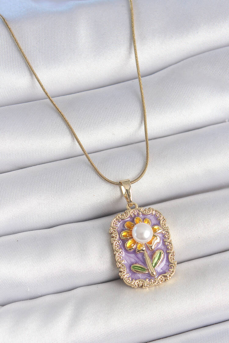 316l Steel Gold Color Chain Purple Enameled Pearl Chamomile Embroidered Portrait Model Women Necklace - Brand: Ebijuteri - Women's Clothing Wholesale - Globality Store