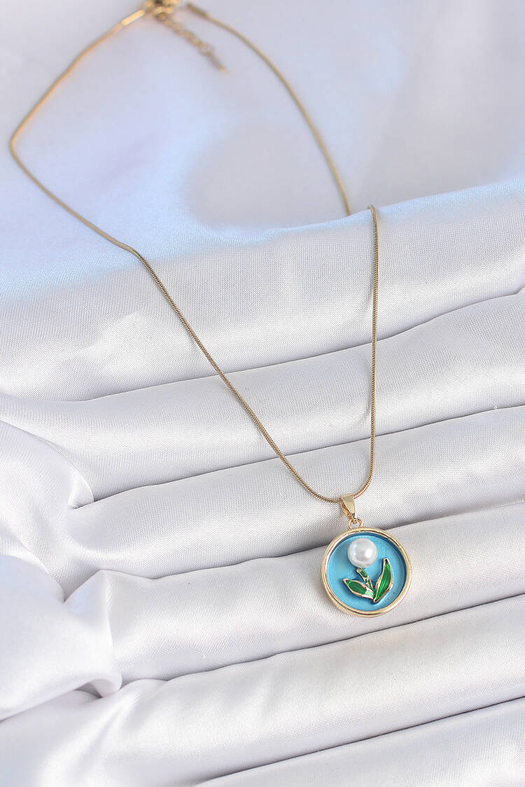 316l Steel Gold Color Chain Blue Enameled Pearl Flower Embroidered Portrait Model Women Necklace