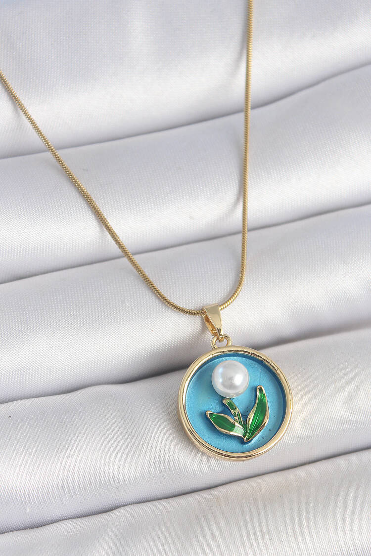 316l Steel Gold Color Chain Blue Enameled Pearl Flower Embroidered Portrait Model Women Necklace - Brand: Ebijuteri - Women's Clothing Wholesale - Globality Store