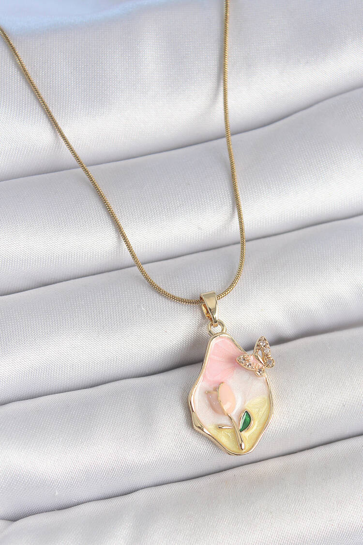 316l Steel Gold Color Chain Drop Mix Color Flower Embroidered Butterfly Detail Portrait Model Female Necklace - Brand: Ebijuteri - Women's Clothing Wholesale - Globality Store