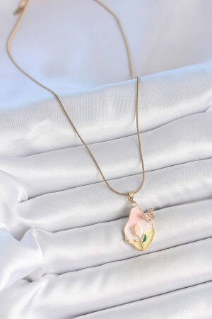 316l Steel Gold Color Chain Drop Mix Color Flower Embroidered Butterfly Detail Portrait Model Female Necklace - Brand: Ebijuteri - Women's Clothing Wholesale - Globality Store