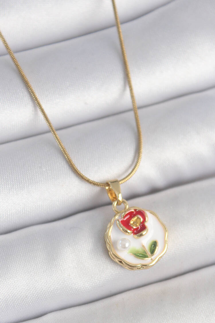 316l Steel Gold Color Chain White Minimal Flower Embroidered Pearl Detail Portrait Model Woman Necklace - Brand: Ebijuteri - Women's Clothing Wholesale - Globality Store