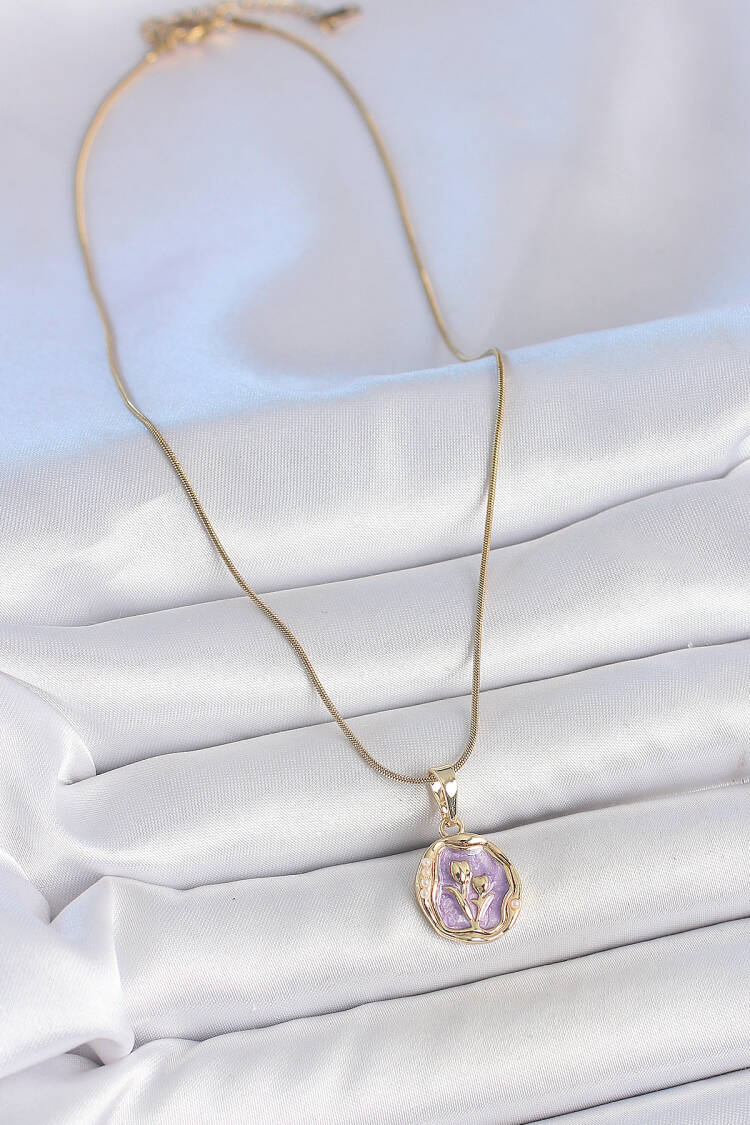 316l Steel Gold Color Chain Purple Enamel Flower Embroidered Portrait Model Women Necklace