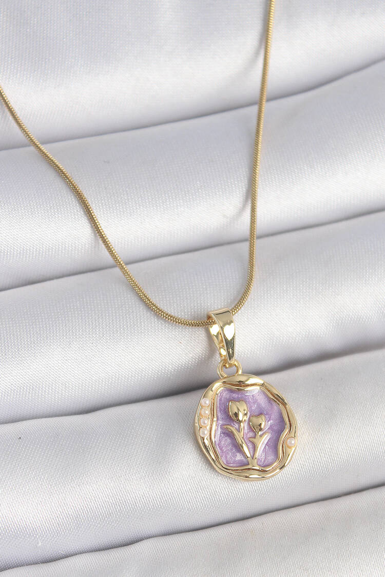 316l Steel Gold Color Chain Purple Enamel Flower Embroidered Portrait Model Women Necklace - Brand: Ebijuteri - Women's Clothing Wholesale - Globality Store