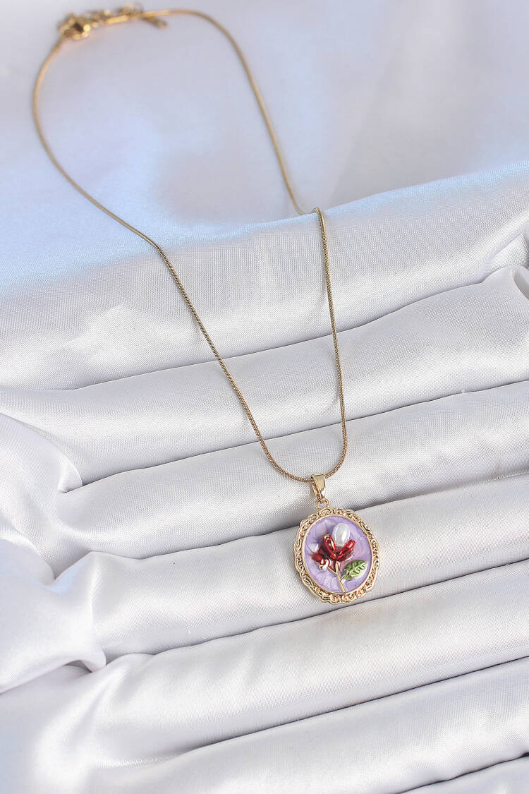 316l Steel Gold Color Chain Purple Enameled Pearl Flower Embroidered Portrait Model Women Necklace