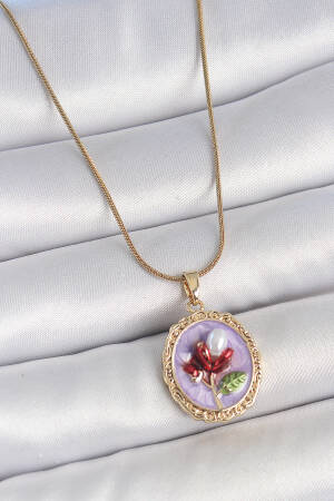 316l Steel Gold Color Chain Purple Enameled Pearl Flower Embroidered Portrait Model Women Necklace - Brand: Ebijuteri - Women's Clothing Wholesale - Globality Store