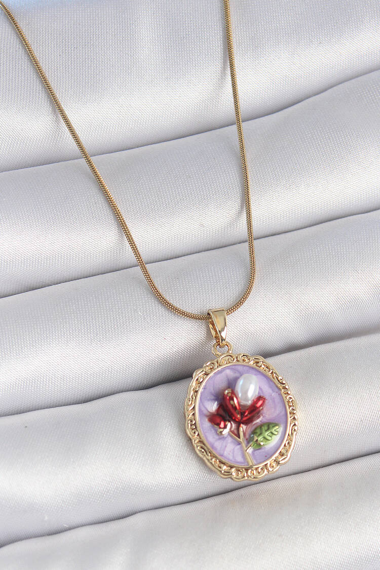 316l Steel Gold Color Chain Purple Enameled Pearl Flower Embroidered Portrait Model Women Necklace - Brand: Ebijuteri - Women's Clothing Wholesale - Globality Store