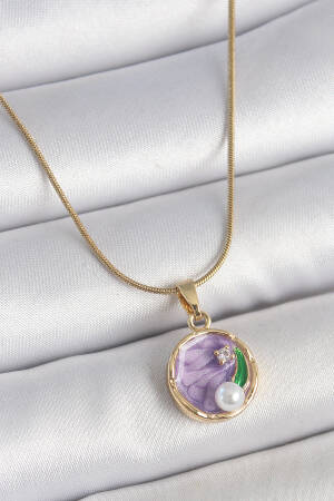 316l Steel Gold Color Chain Purple Flower Embroidered Zircon Stone Pearl Detailed Minimal Portrait Model Women Necklace - Brand: Ebijuteri - Women's Clothing Wholesale - Globality Store