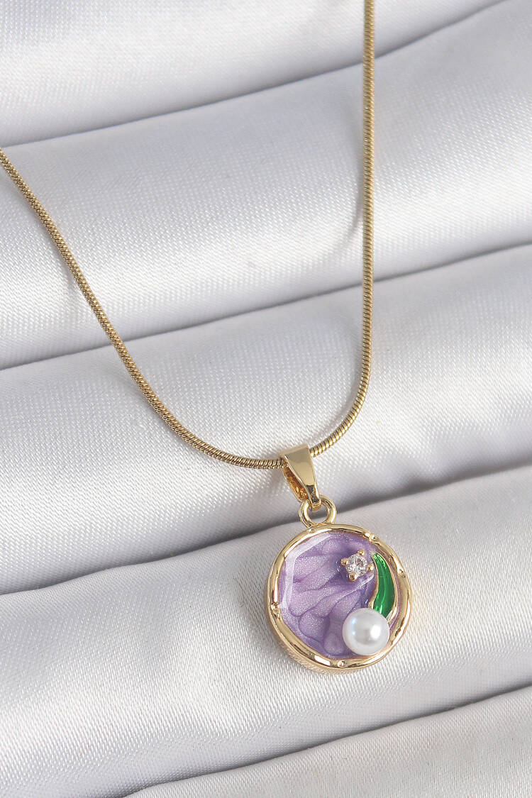 316l Steel Gold Color Chain Purple Flower Embroidered Zircon Stone Pearl Detailed Minimal Portrait Model Women Necklace - Brand: Ebijuteri - Women's Clothing Wholesale - Globality Store