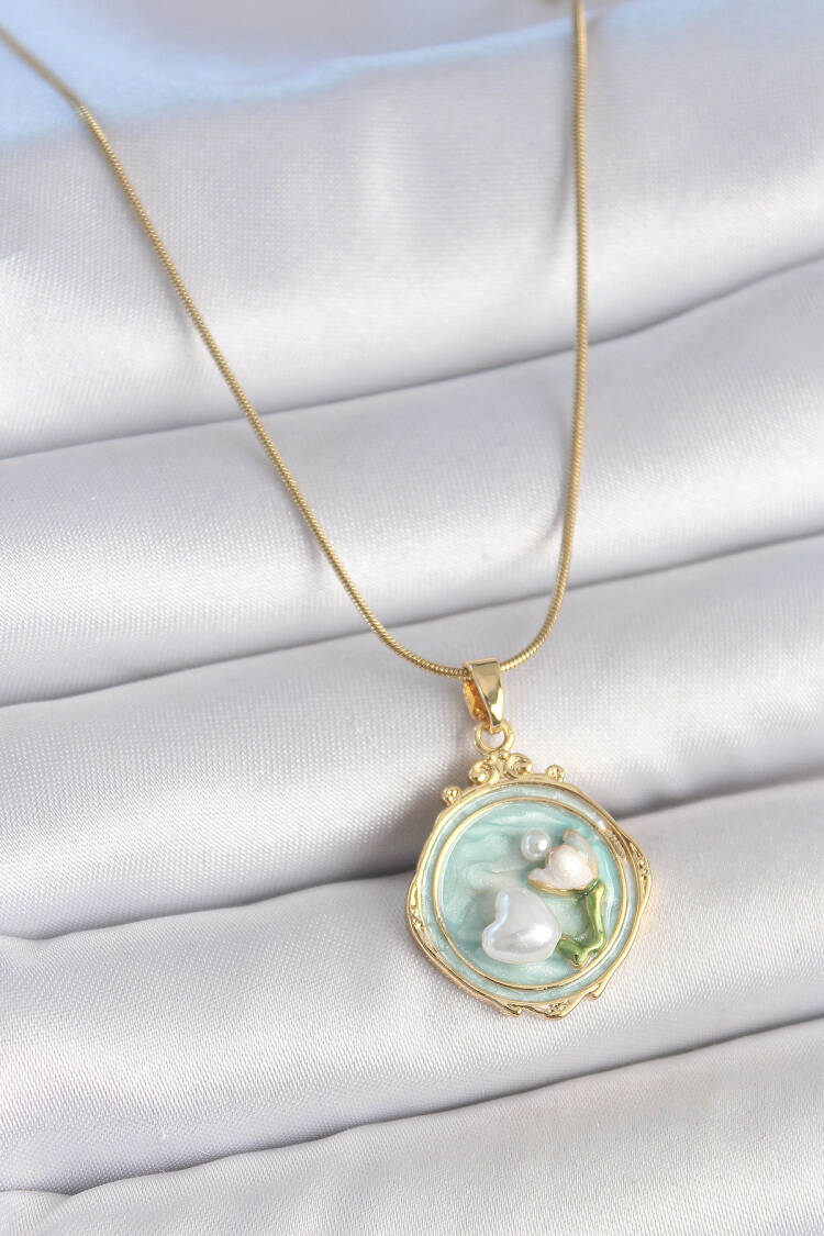 316l Steel Gold Color Chain Turquoise Enameled Pearl Flower Embroidered Portrait Model Women Necklace - Brand: Ebijuteri - Women's Clothing Wholesale - Globality Store