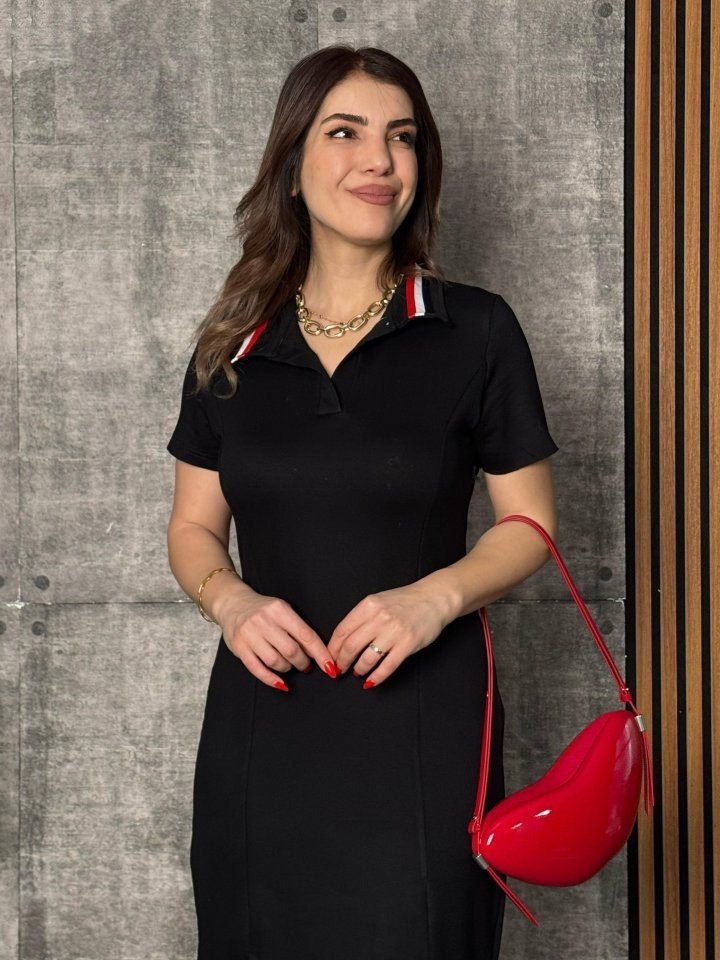 Women's Short Sleeve Collar Slit Midi Viscose Two-Thread Dress - Black