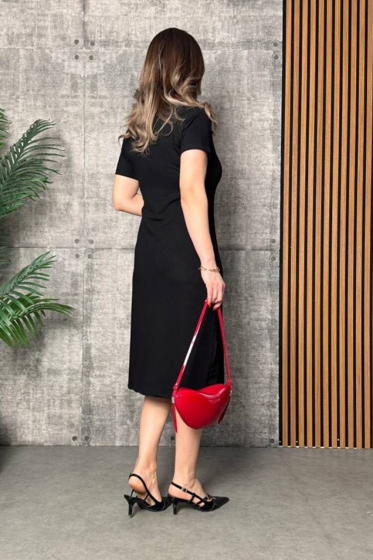 Women's Short Sleeve Collar Slit Midi Viscose Two-Thread Dress - Black