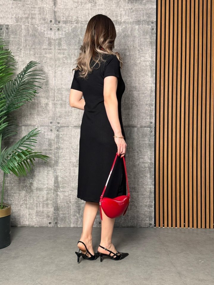 Women's Short Sleeve Collar Slit Midi Viscose Two-Thread Dress - Black