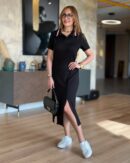 Women's Short Sleeve Collar Slit Midi Viscose Two-Thread Dress - Black - Brand: Janes - Women's Clothing Wholesale - Globality Store